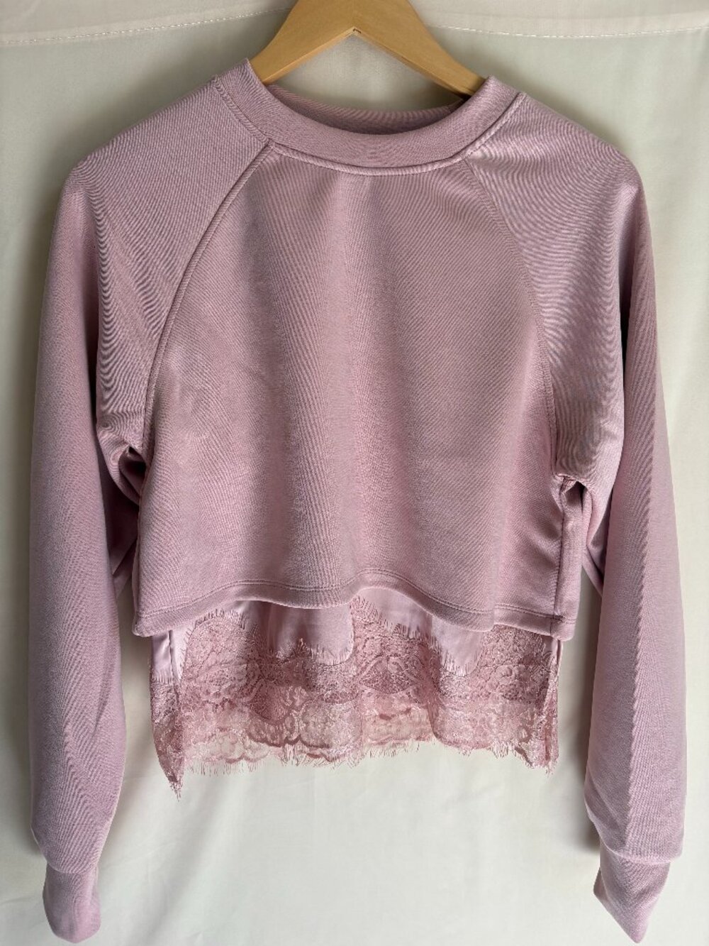 Mauve Pink Cropped Sweatshirt with Satin & Lace Hem Detail